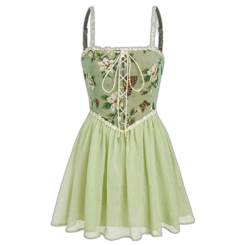 Cider Green Floral Tapestry Butterfly Corset Dress, Flowy Skirt, Fairycore Sz L - Picture 1 of 13